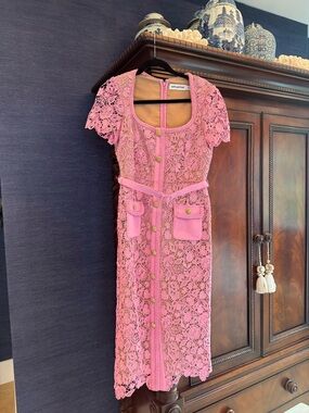 Self-Portrait Pink Lace Midi Dress with Gold Buttons